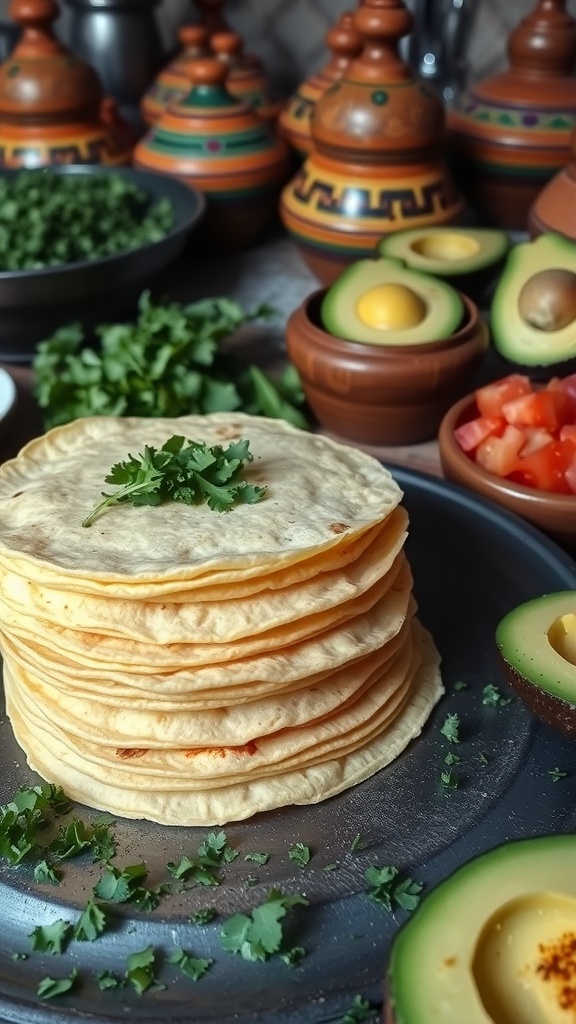 Freshly made corn tortillas on a comal, surrounded by ingredients for tacos, in a rustic kitchen.